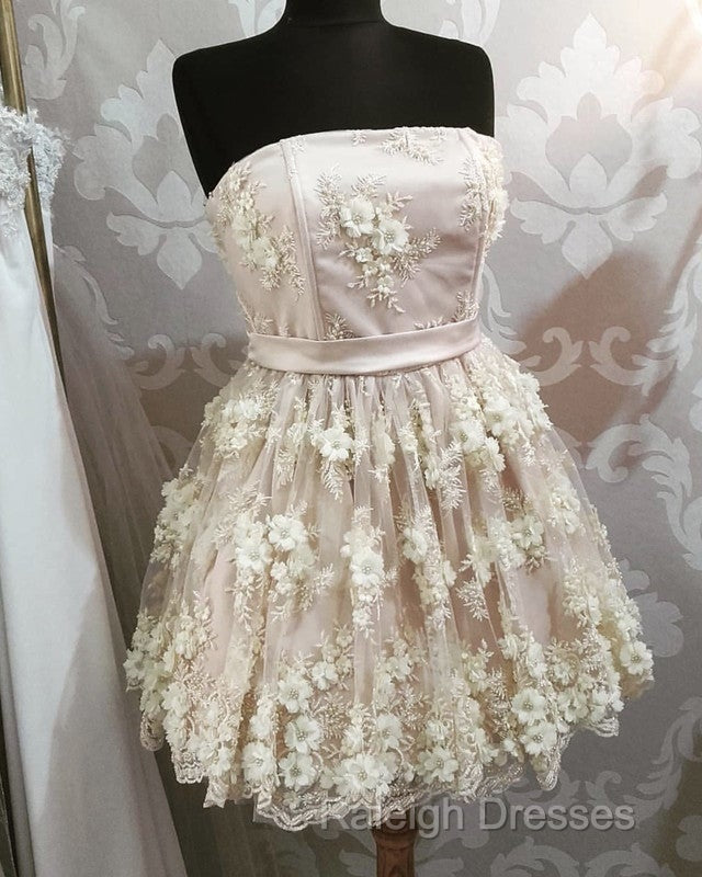 Short Strapless Homecoming Dresses With 3D Lace Flowers Secondary image