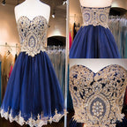 Short  Sweetheart Sleeveless Lace Rhinestone Beads Royal Blue Appliques Open Back Chiffon  Homecoming Dress