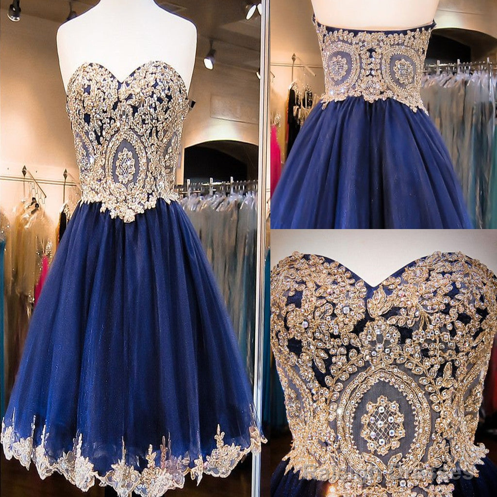 Short  Sweetheart Sleeveless Lace Rhinestone Beads Royal Blue Appliques Open Back Chiffon  Homecoming Dress