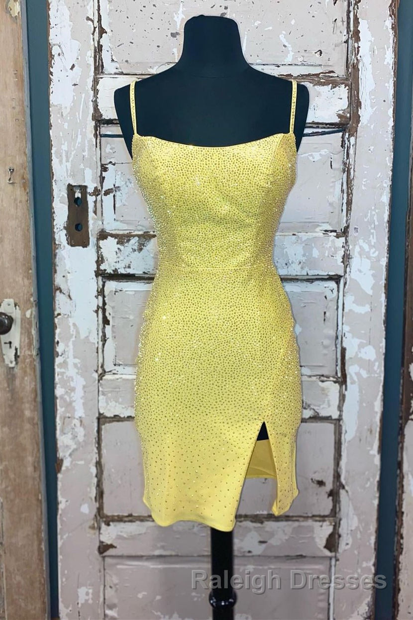 Short Tight Yellow Homecoming Dress,Crystal Beaded Semi Formal Dresses Secondary image