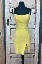 Short Tight Yellow Homecoming Dresses Crystal Beaded Semi Prom Dress