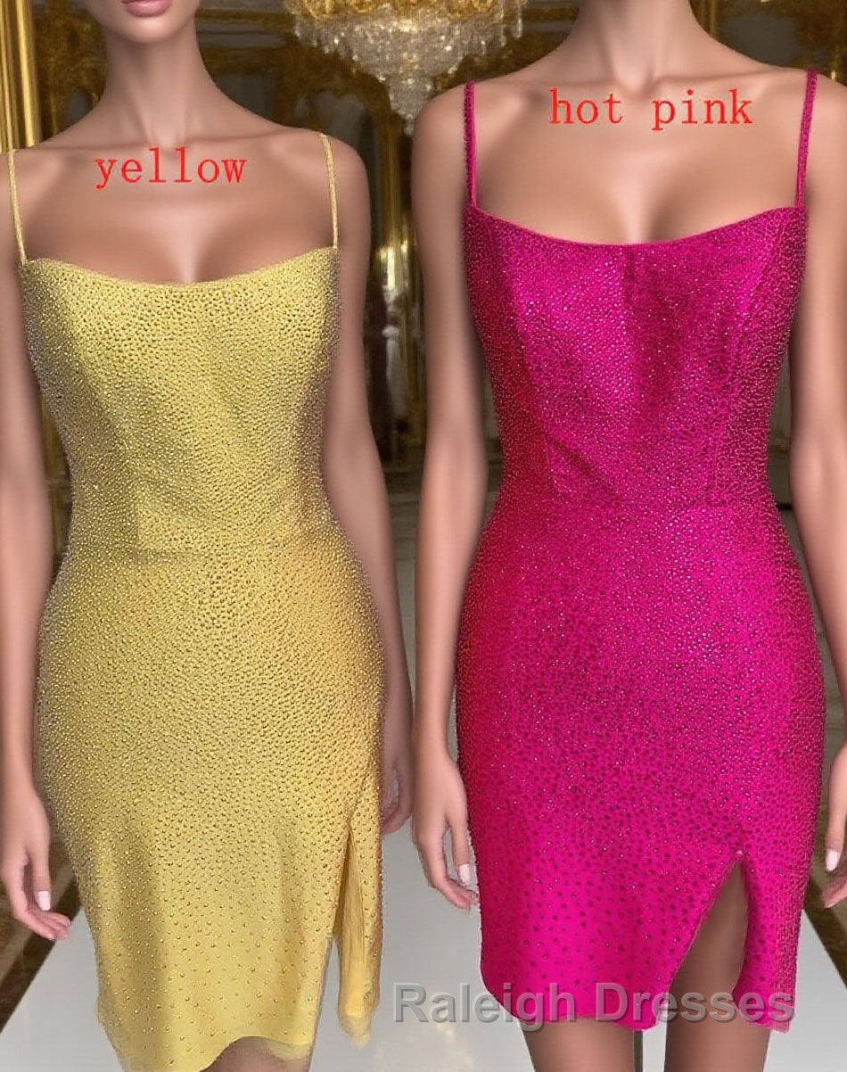 Short Tight Yellow Homecoming Dress,Crystal Beaded Semi Formal Dresses Main image