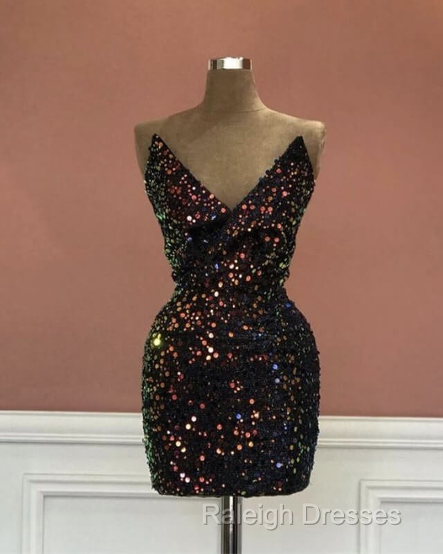 Short V-Neck Black Sequin Tight Dress Secondary image