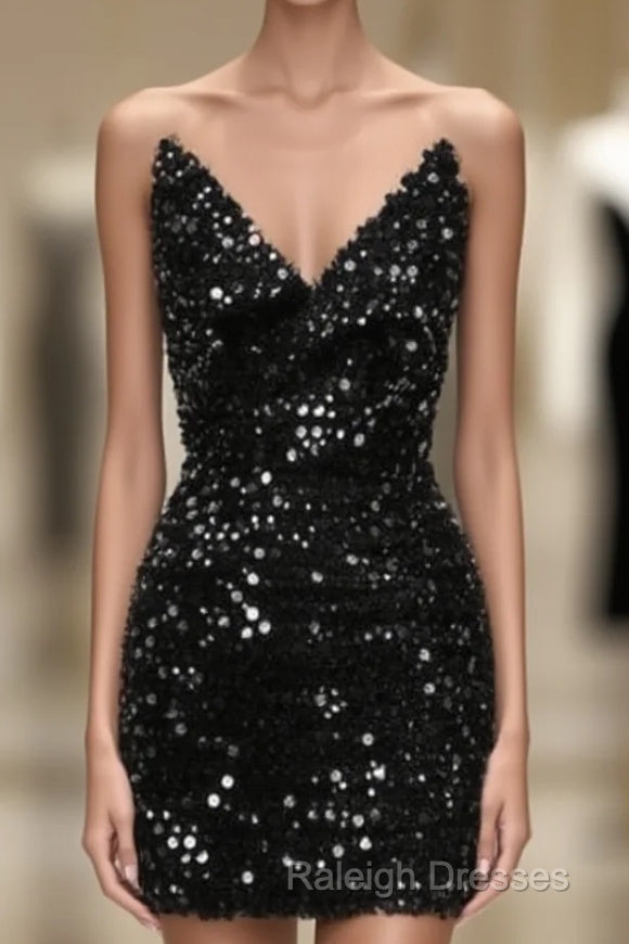 Short V-Neck Black Sequin Tight Dress Main image