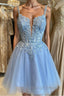 Short V Neck Blue Lace Prom Dresses, V Neck Short Blue Lace Formal Homecoming Dresses