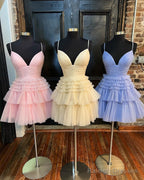 Short V Neck Blue Pink Champagne Prom Dresses, V Neck Blue Pink Champagne Formal Homecoming Dresses