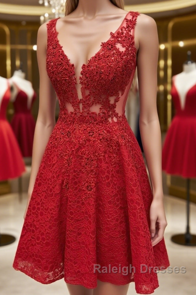 Short V Neck Lace Prom Dresses, Short Red V Neck Lace Homecoming Graduation Dresses Main image