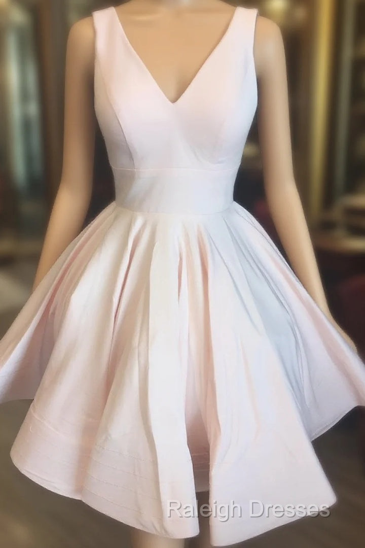 Short V Neck Light Pink Satin Prom Dresses, Short V Neck Pink Formal Graduation Dresses Main image