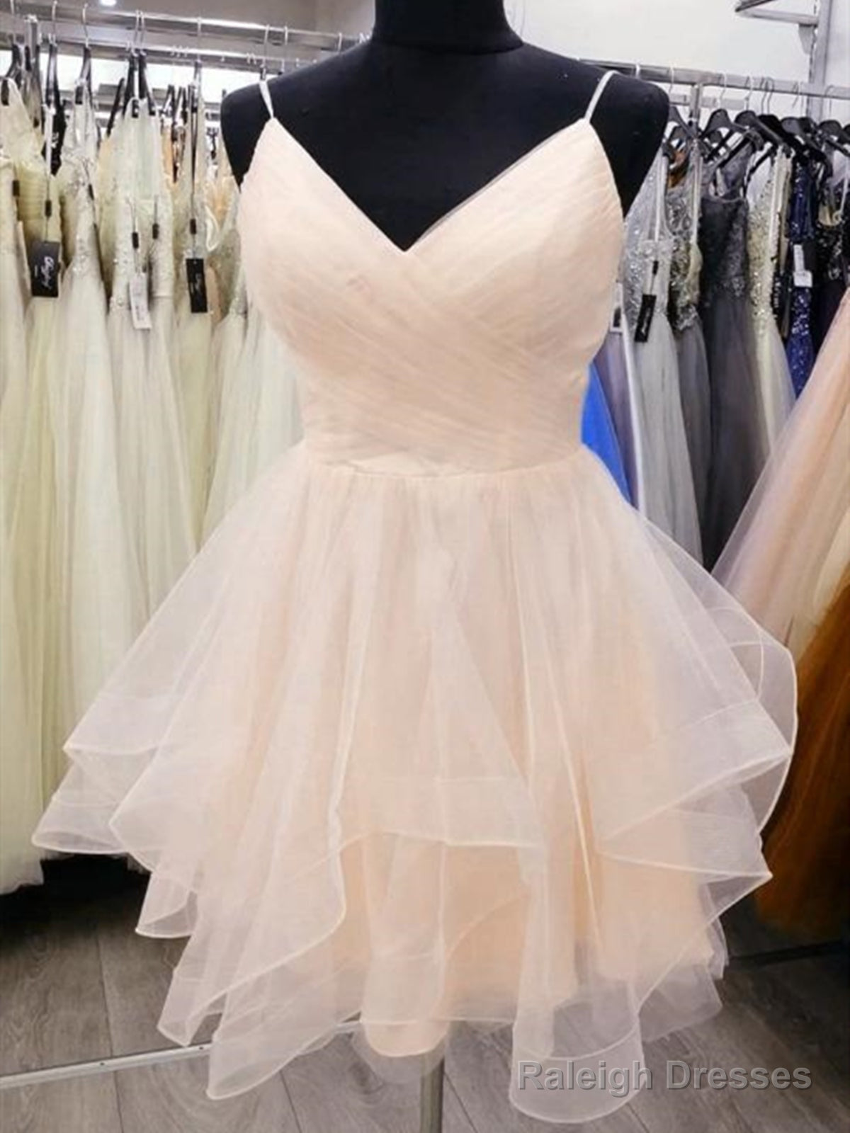 Short V Neck Pink Light Champagne Prom Dresses, V Neck Short Formal Graduation Dresses Secondary image