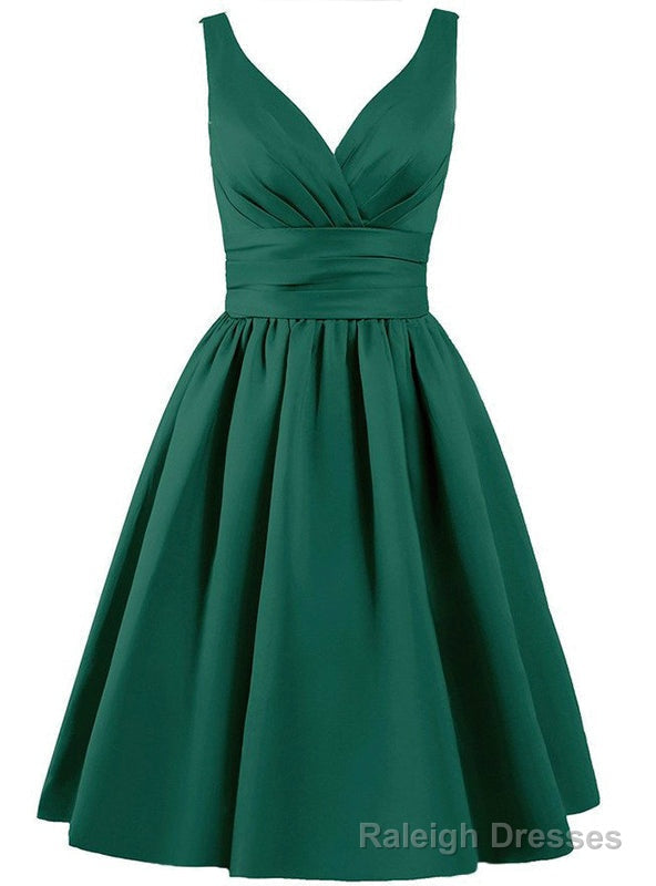 Short V Neck Satin Knee Length With Pleats Bridesmaid Dress