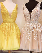 Short V Neck Tulle Prom Homecoming Dress Lace Embroidery