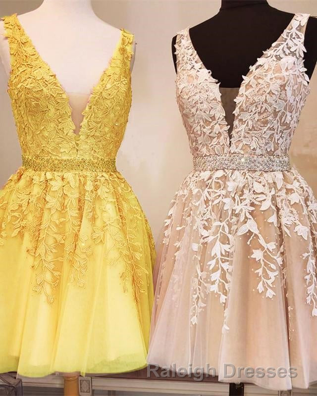 Short V Neck Tulle Prom Homecoming Dress Lace Embroidery