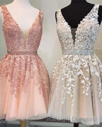Short V Neck Tulle Prom Homecoming Dress Lace Embroidery