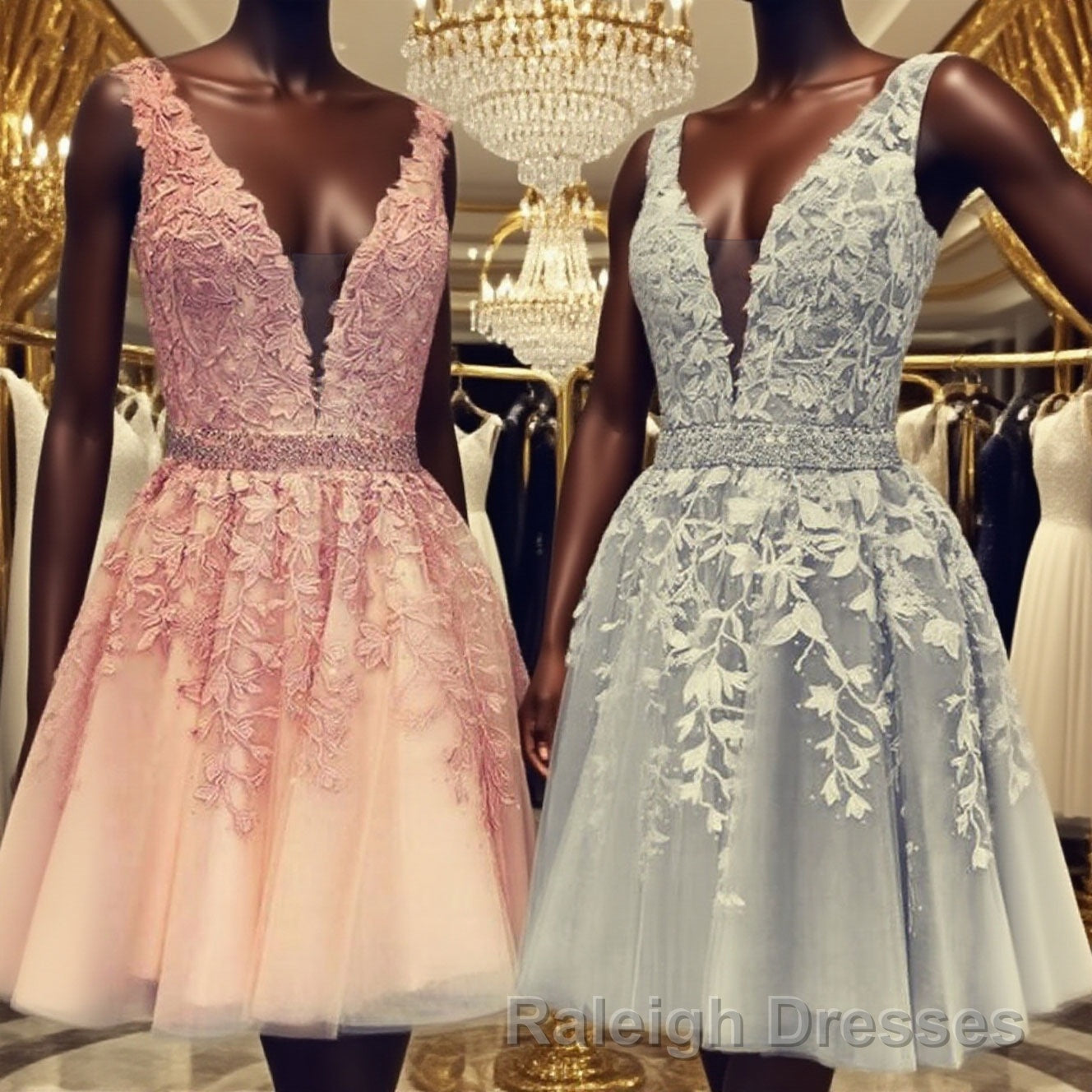 Short V-neck Tulle Prom Homecoming Dresses Lace Embroidery Main image