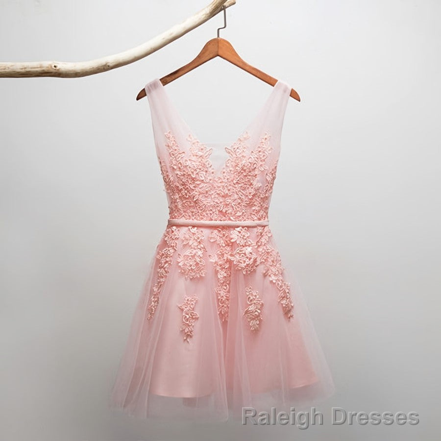 Short V Neckline Tulle with Applique Short Formal Dress, Cute Prom Dress Secondary image