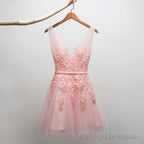 Short V Neckline Tulle with Applique Short Formal Dress, Cute Prom Dress