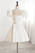 Short White Beaded Prom Dresses, Short White Beaded Formal Homecoming Dresses