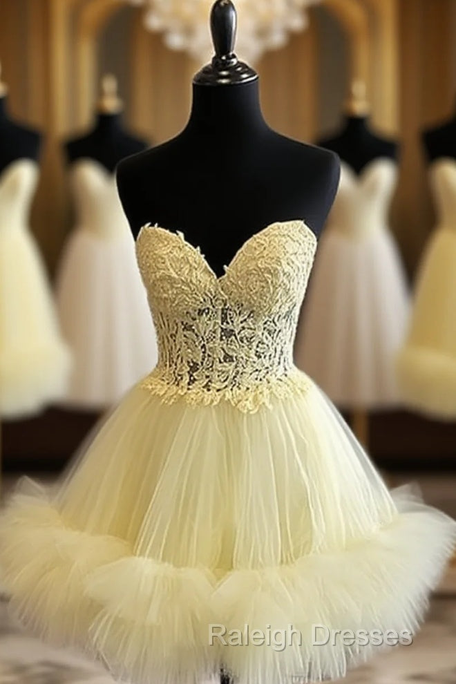 Short Yellow Lace Corset Ruffle Hemline Dresses