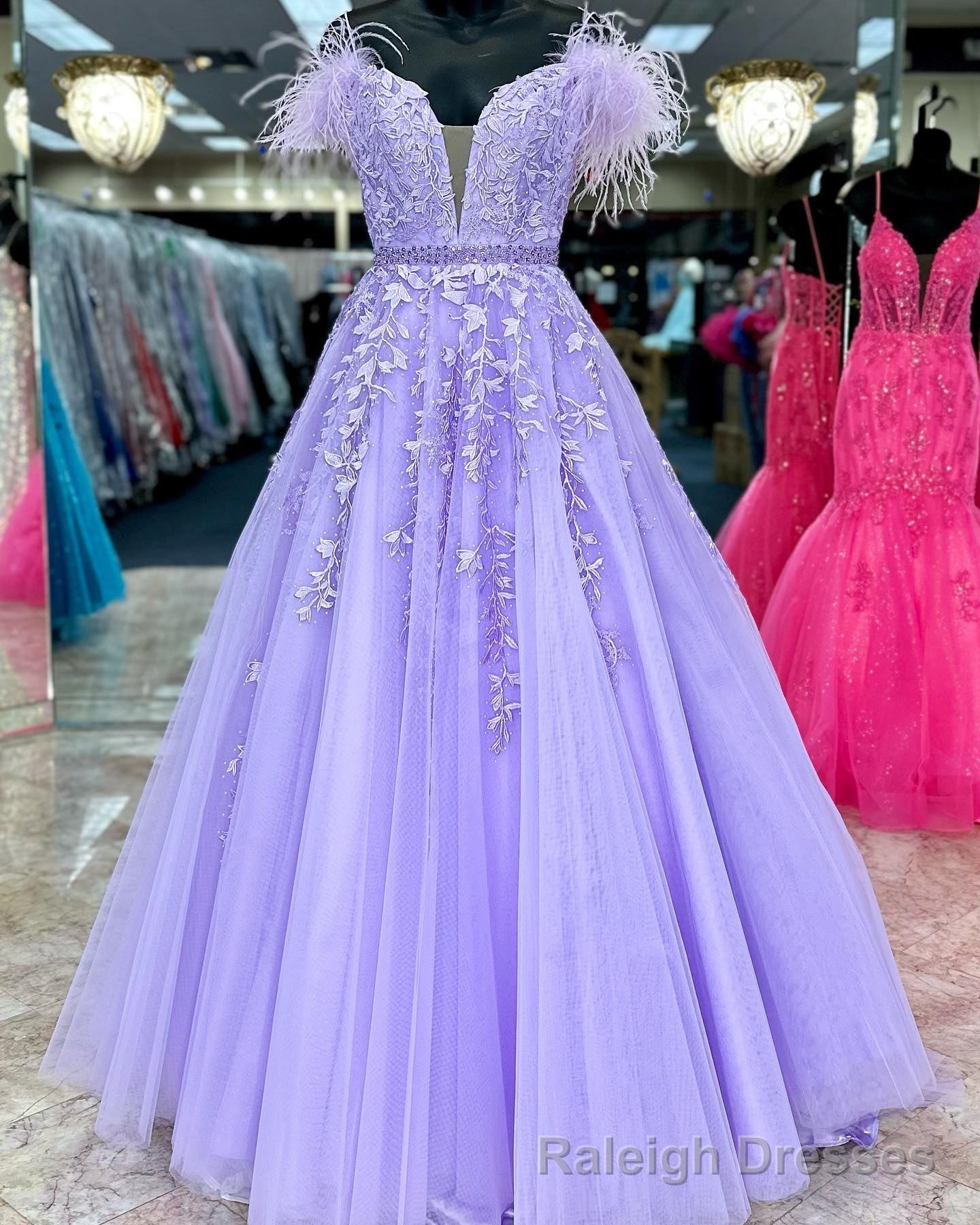 Lavender Appliques Feather Off-the-Shoulder A-Line Prom Gown Main image