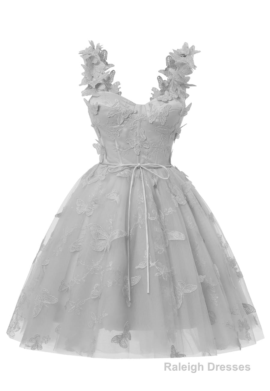 Silver 3D Butterfly Lace Applique Tulle Homecoming Dress for Teens Sweetheart Mini Short Prom Dresses Secondary image