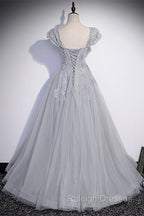 Silver A-line Long Prom Dress with Cap Sleeves