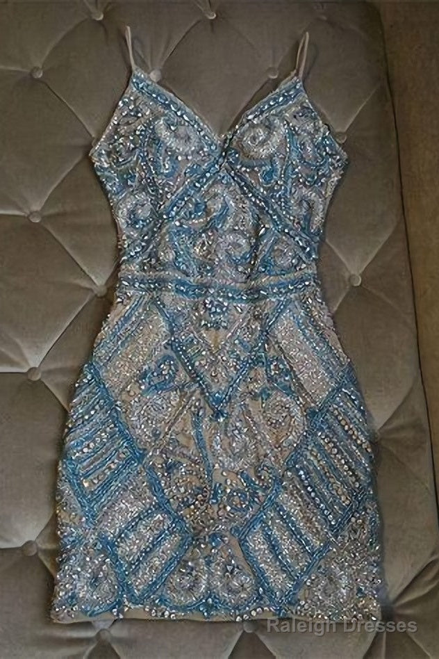 Silver And Turquoise Crystal Beaded Homecoming Dresses, Short Main image