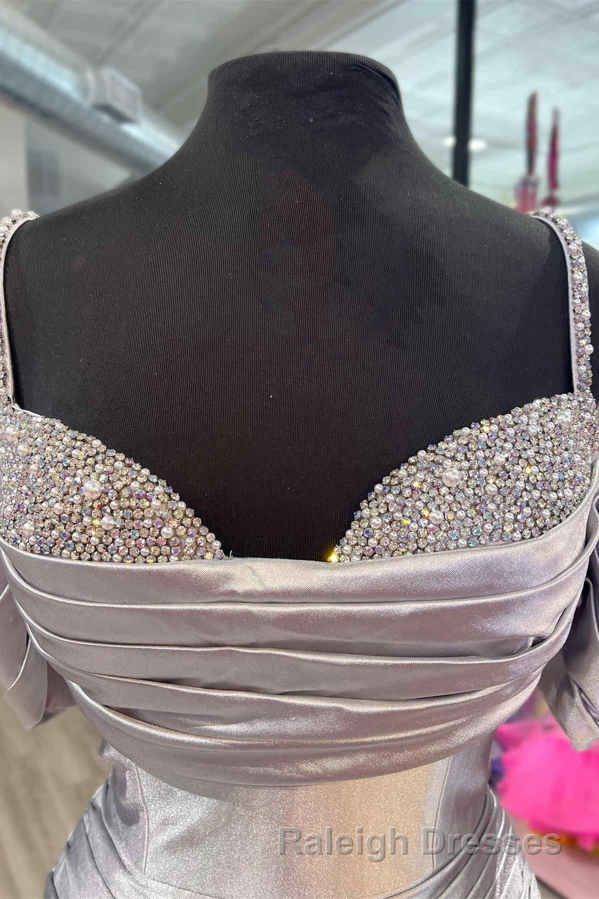 Silver Cold Sleeves Beaded Ruched Mermaid Prom Dress Secondary image