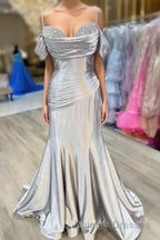 Silver Cold Sleeves Beaded Ruched Mermaid Prom Dress