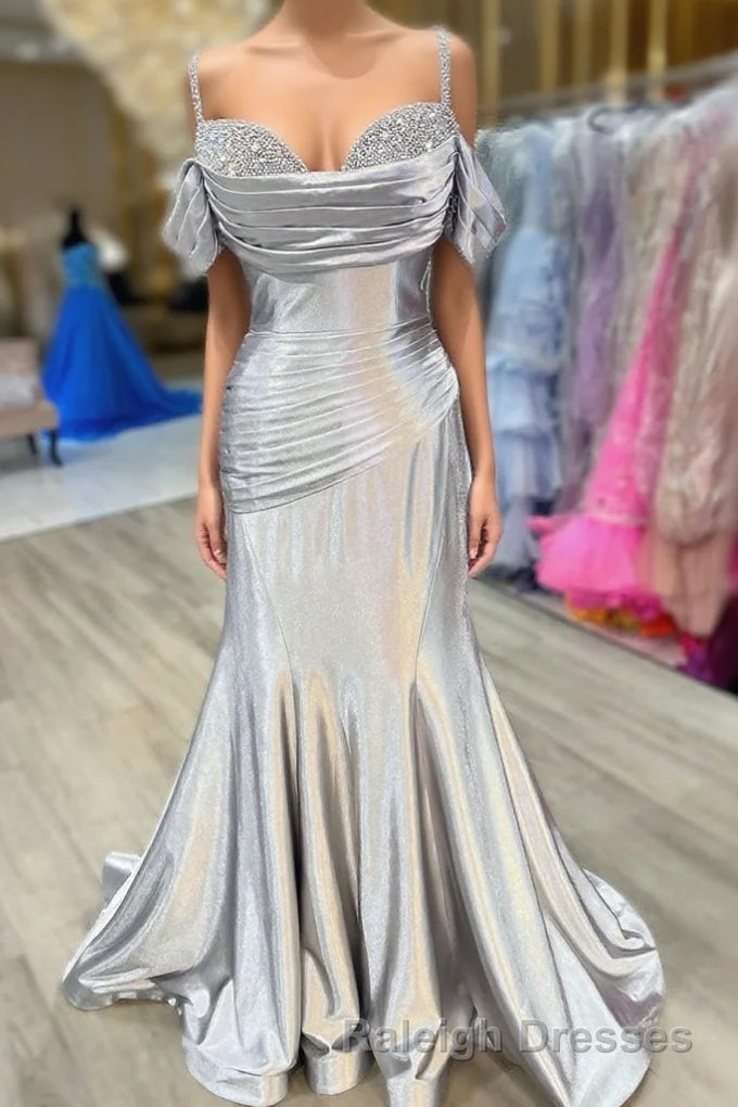 Silver Cold Sleeves Beaded Ruched Mermaid Prom Dress