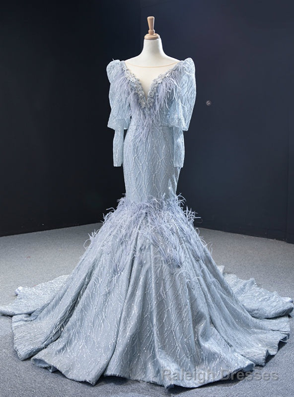 Silver Gray Mermaid Sequins See Through V-neck Long Sleeve Prom Dress Main image