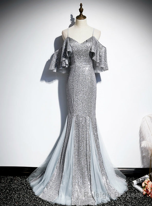 Silver Gray Mermaid Sequins Spaghetti Straps Prom Dress Main image