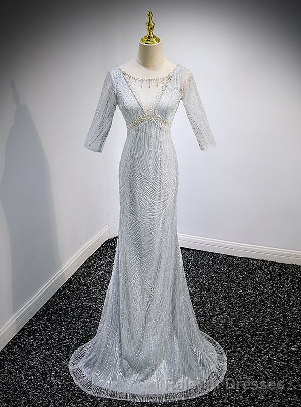 Silver Gray Mermaid Short Sleeve Backless Prom Dress Main image