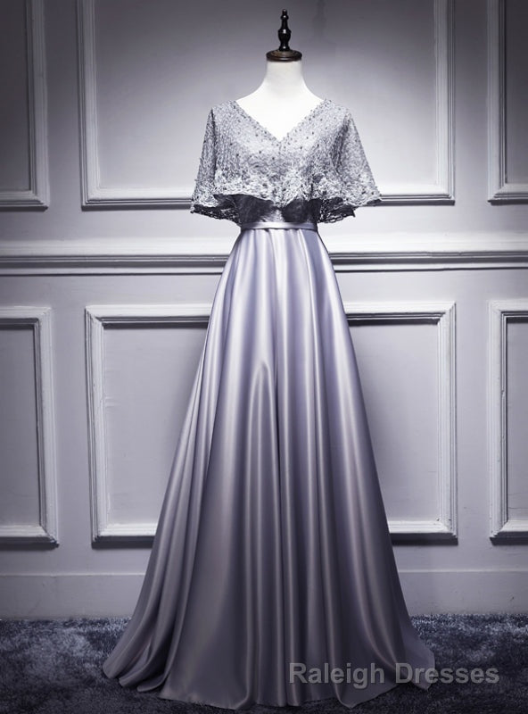 Silver Gray Satin Lace V-neck Bat Pearls Prom Dress