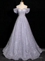 Silver Gray Sequins Off the Shoulder Beading Prom Dress