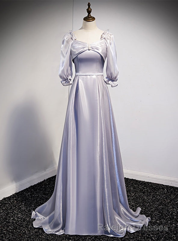 Silver Gray Square Short Sleeve Long Prom Dress