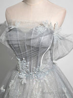 Silver Gray Tulle Lace Prom Dresses, Silver Gray Long Lace Formal Prom Dresses