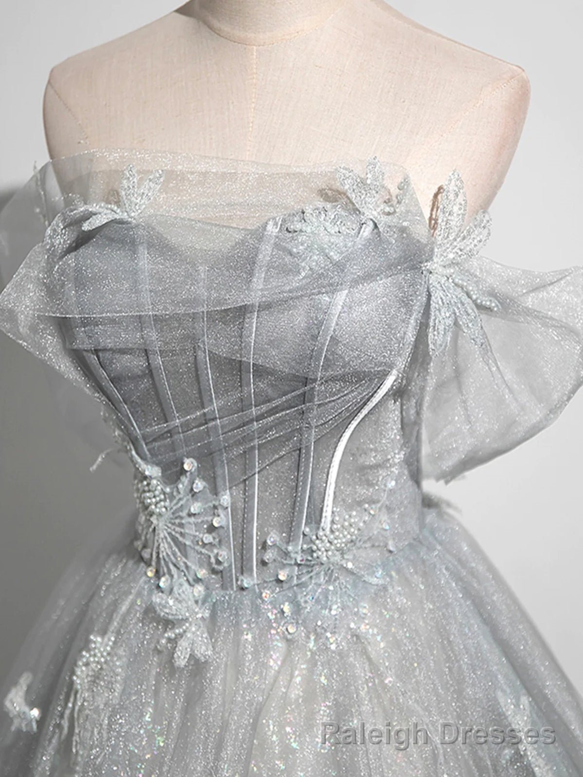 Silver Gray Tulle Lace Prom Dresses, Silver Gray Long Lace Formal Prom Dresses