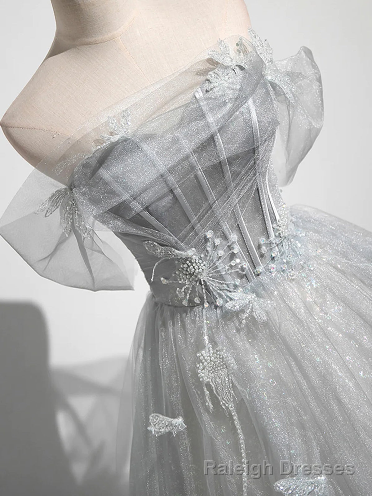 Silver Gray Tulle Lace Prom Dresses, Silver Gray Long Lace Formal Prom Dresses