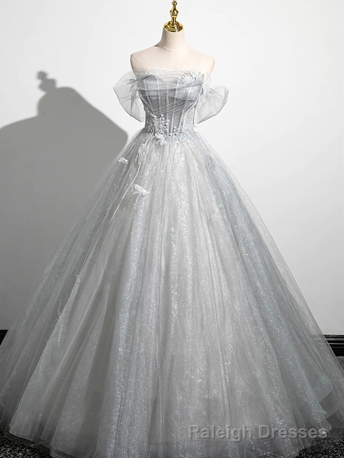 Silver Gray Tulle Lace Prom Dresses, Silver Gray Long Lace Formal Evening Dresses Secondary image