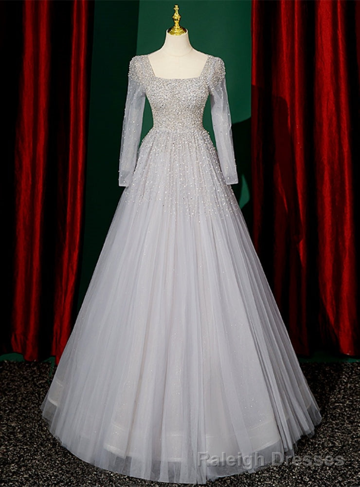 Silver Gray Tulle Long Sleeve Beading Sequins Prom Dress Main image
