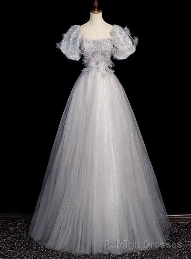 Silver Gray Tulle Sequins Puff Sleeve Prom Dress Main image