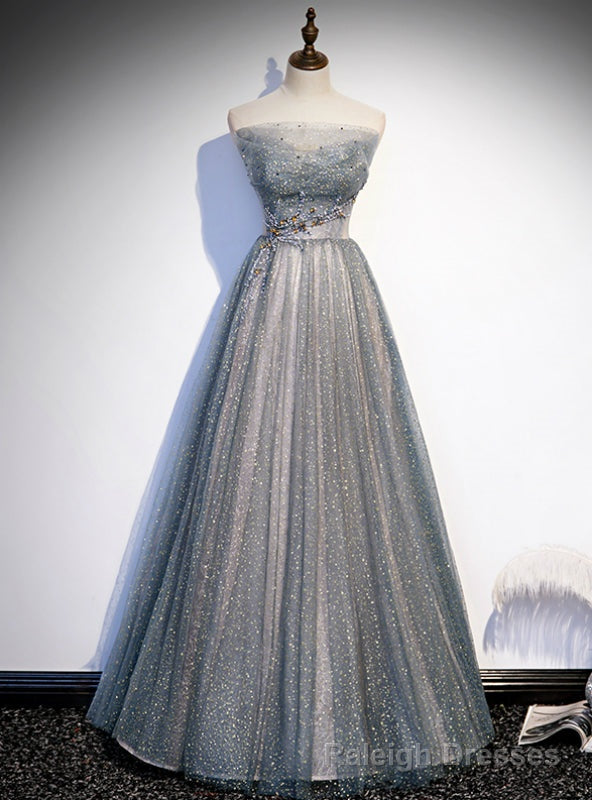 Silver Gray Tulle Sequins Strapless Beading Prom Dress