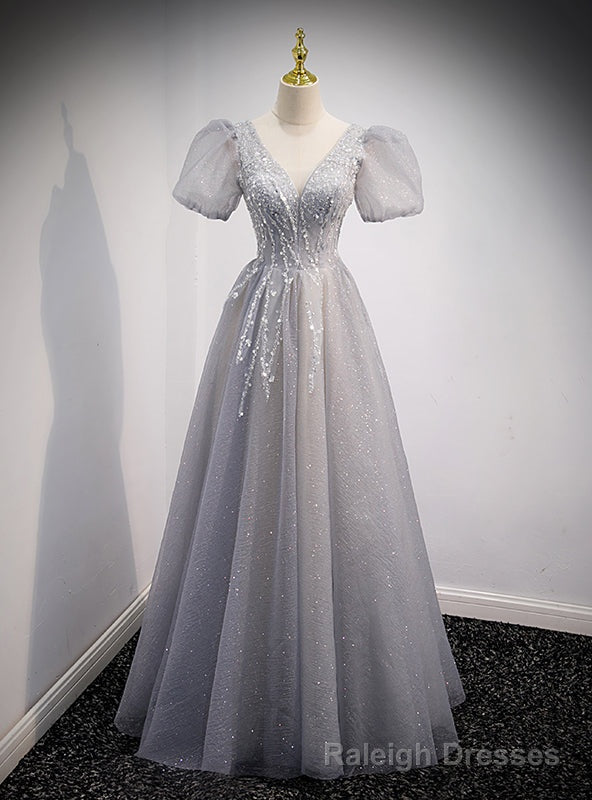 Silver Gray Tulle Sequins V Neck Beading Prom Dress