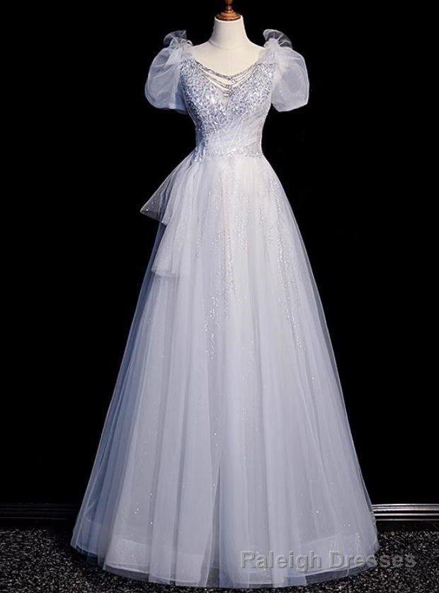 Silver Gray Tulle V Neck Short Sleeve Prom Dress