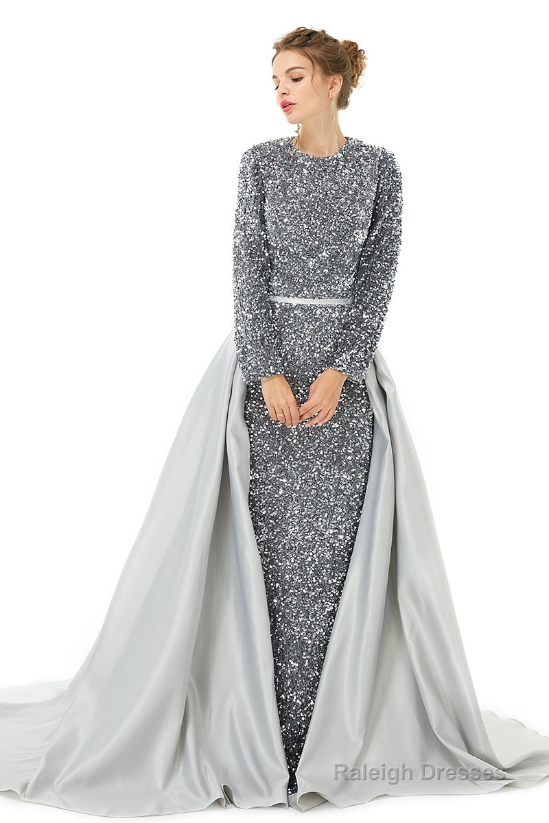 Long sleeve Sequin Prom Dresses with Detachable Skirt