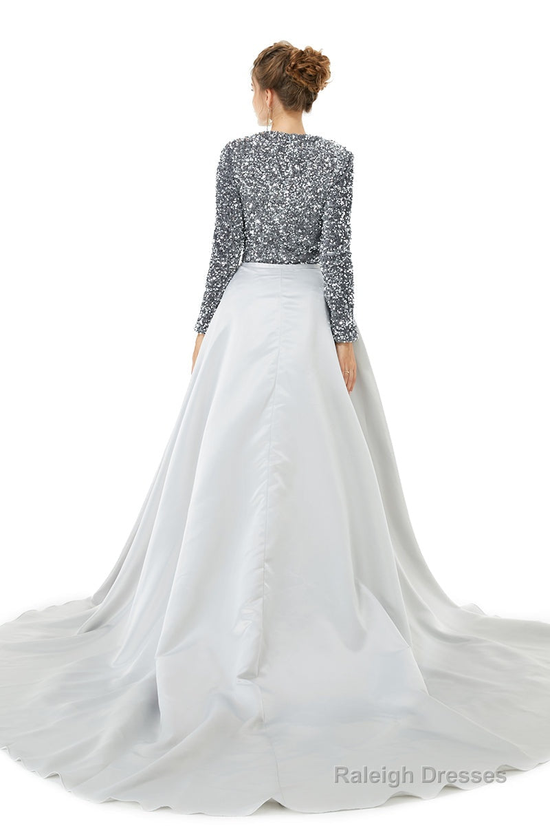 Long sleeve Sequin Prom Dresses with Detachable Skirt