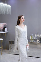 Long Sleeve V Neck Floor Length Crystal Beaded Sequins Mermaid Prom Dresses