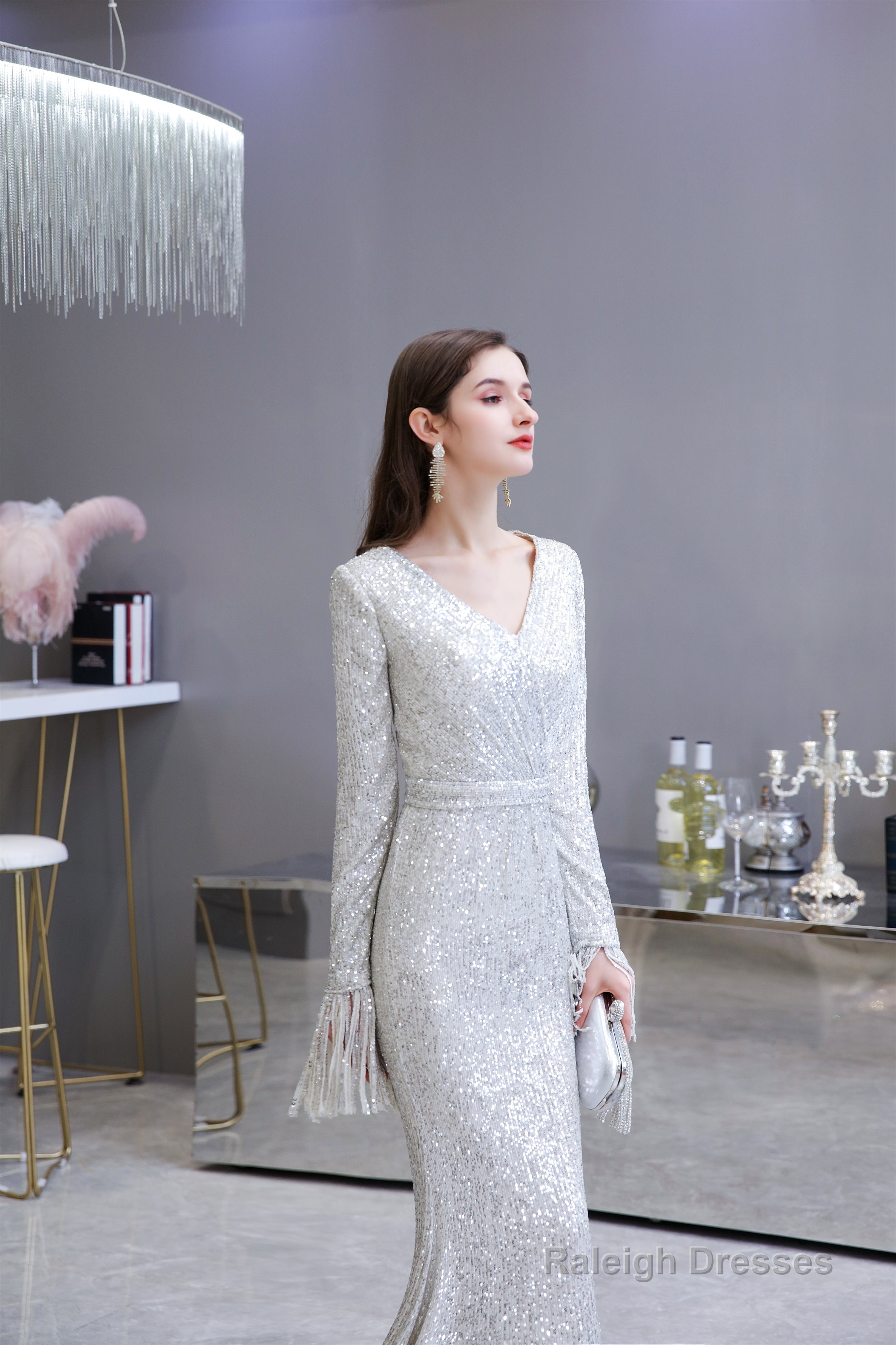 Long Sleeve V Neck Floor Length Crystal Beaded Sequins Mermaid Prom Dresses