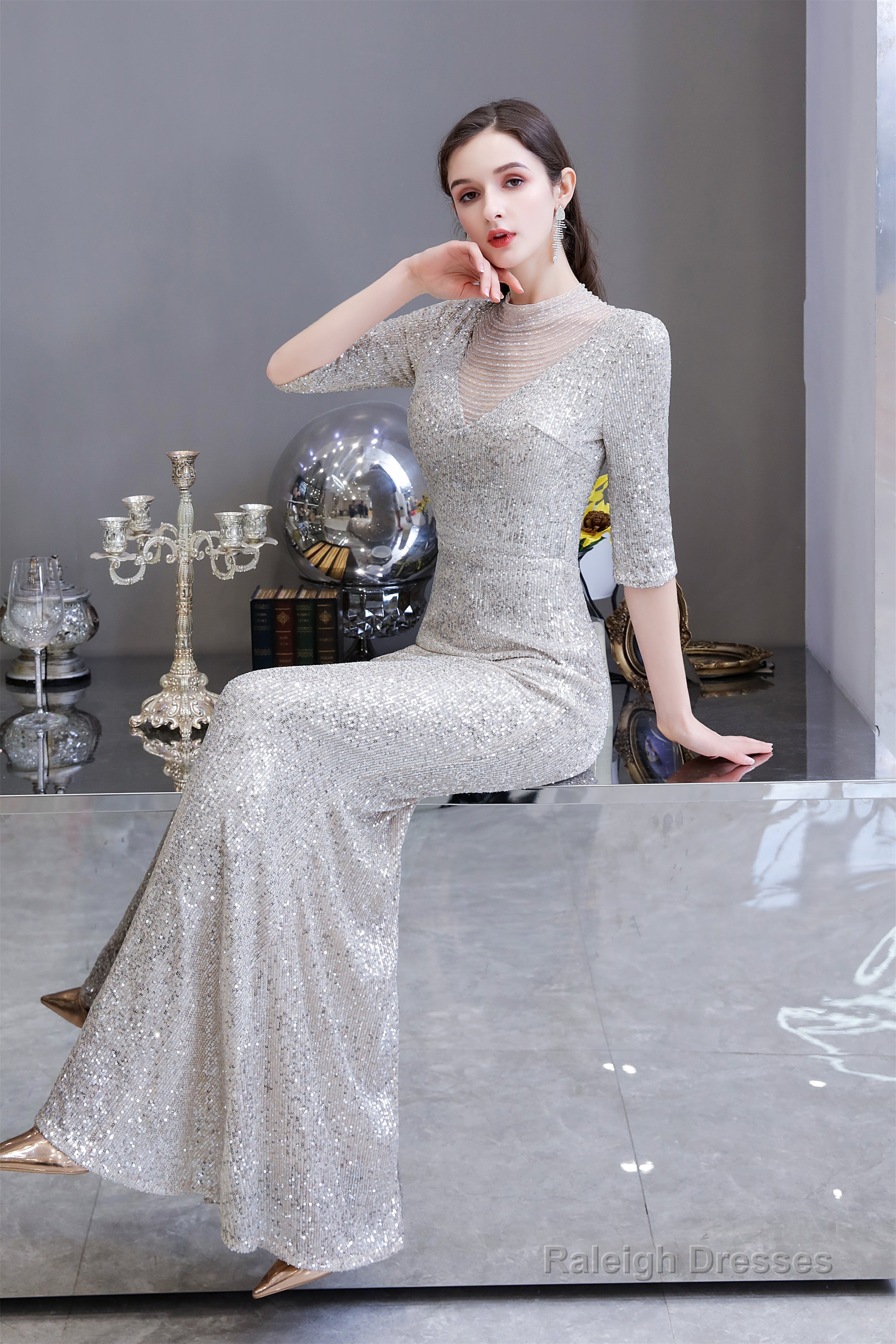 Silver Long sleeves Long Prom Dresses