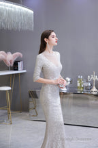 Silver Long sleeves Long Prom Dresses